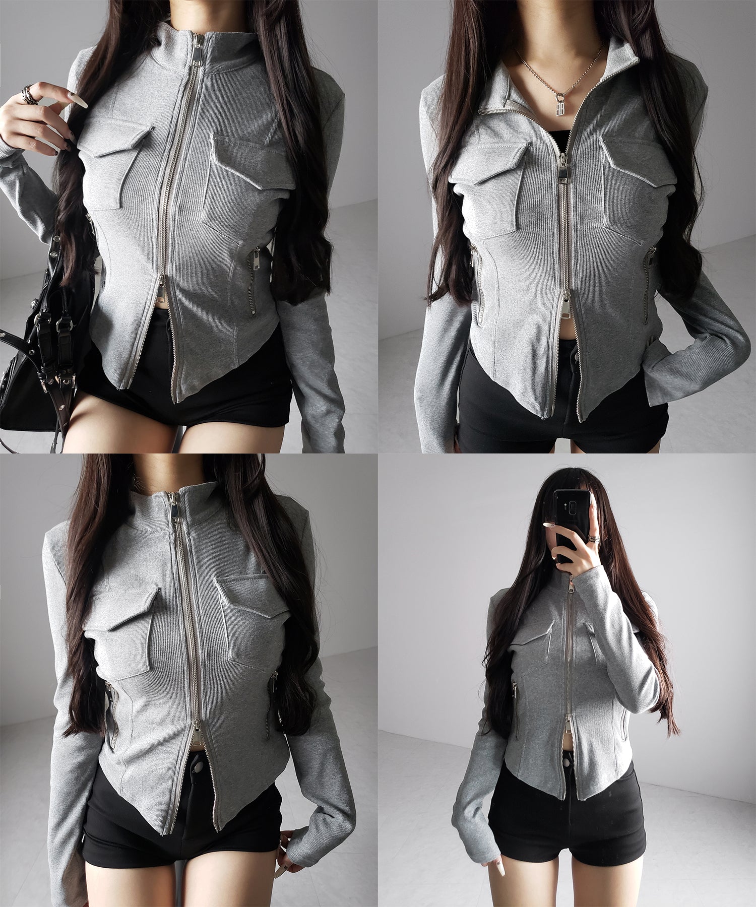 アウトポケットダブルジップスリムリブトップス / out pocket double zip slim ribbed tops