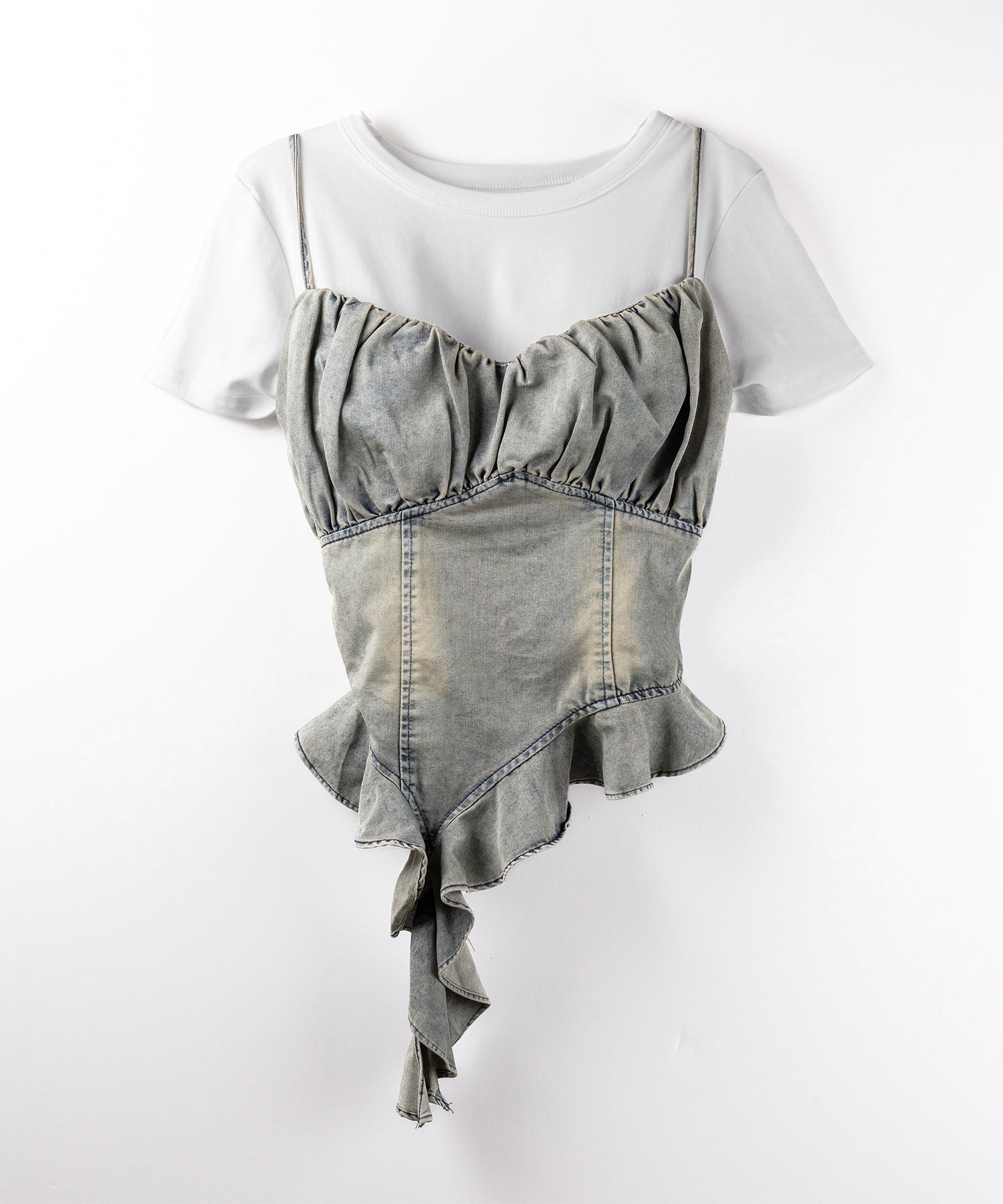 【 2点セット 】ヴィンテージデニムビスチェ & 半袖レイヤードTシャツセット / vintage denim bustier & short sleeve layered T-shirts set