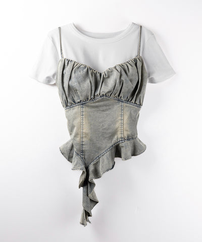 【 2点セット 】ヴィンテージデニムビスチェ & 半袖レイヤードTシャツセット / vintage denim bustier & short sleeve layered T-shirts set