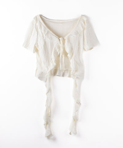 ダメージフリル半袖ショートリボンカーディガン / damage frill short sleeve short ribbon cardigan