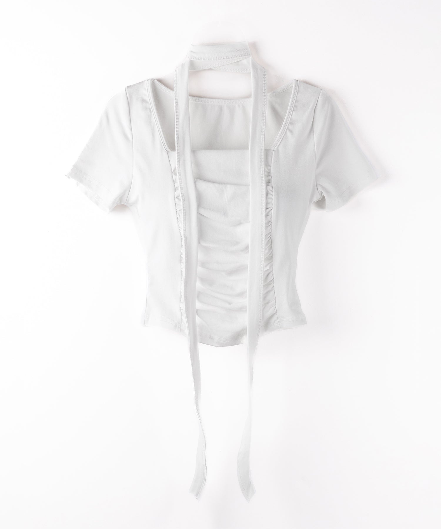 【 2WAY 】チョーカーロングタイ付き スクエアネックギャザースリムTシャツ / choker long tie SET square neck gather slim sleeve T-shirt