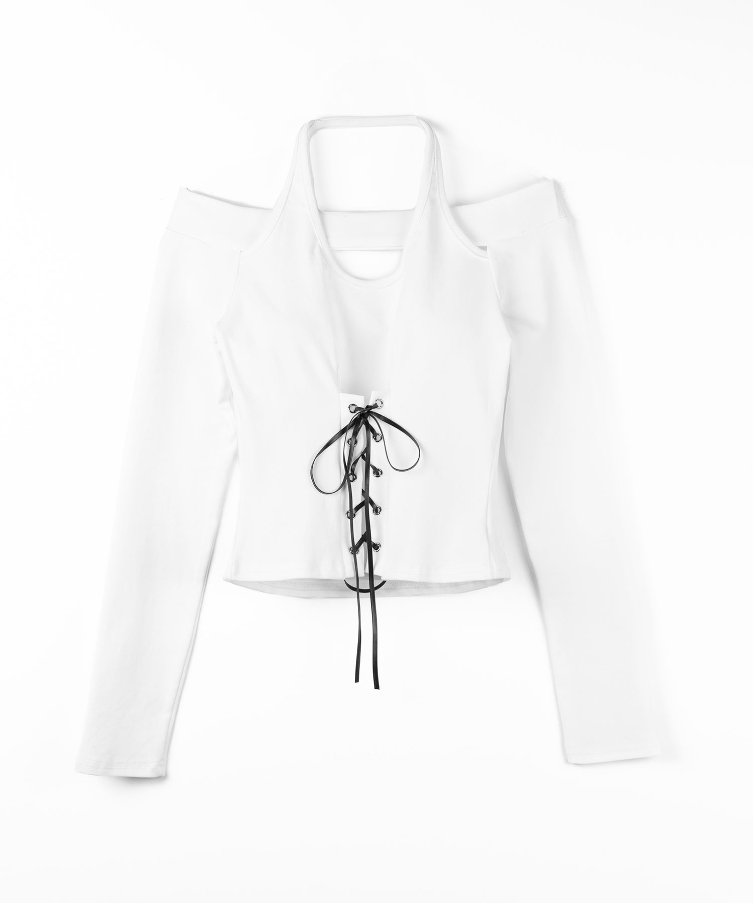 レースアップカットアウトホルターオフショルトップス / laceup cutout halter offshoulder tops