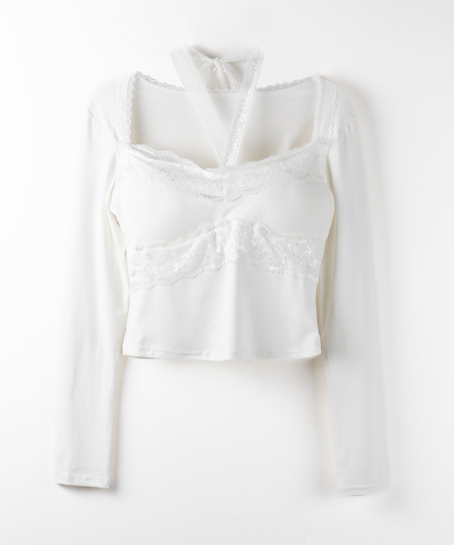 【 2color / 2WAY 】クロスネックレースリボンスクエアカットソートップス / cross neck lace ribbon square cutsaw tops