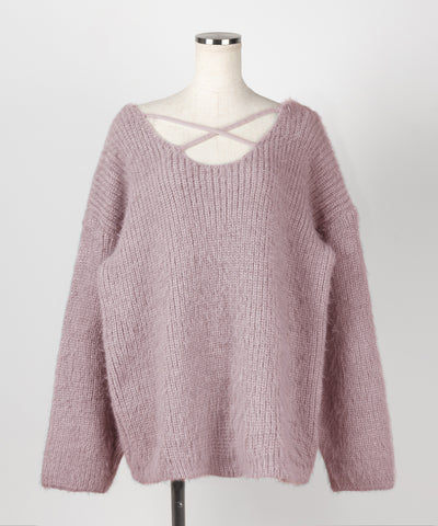 クロスストラップカットアウトルーズシャギーニット