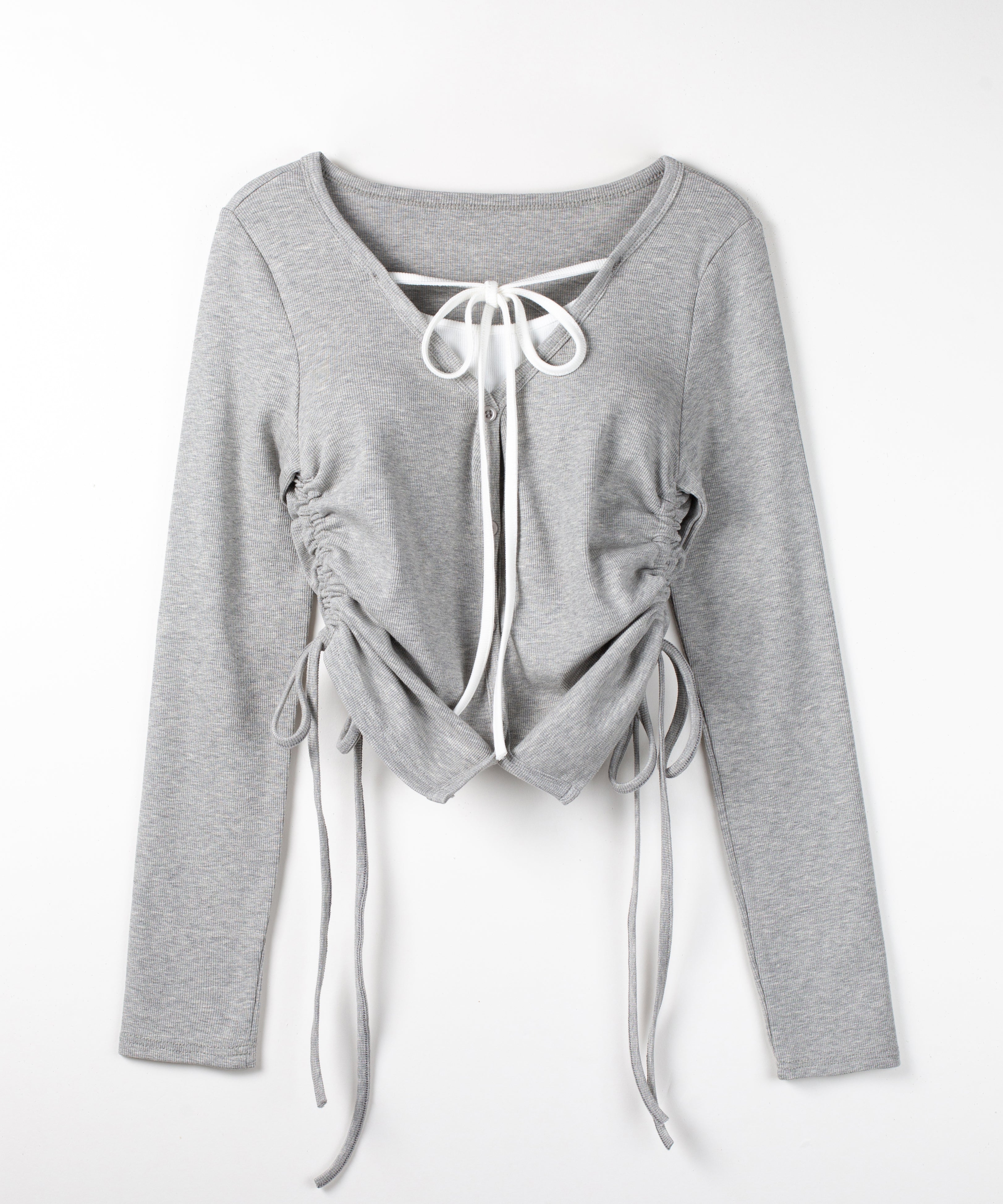 【 3WAY 】レイヤード風シャーリングリボンリブトップス / fake layered shirring ribbon lib tops