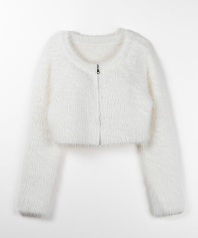 フロントジップショートシャギーニットカーディガン / front zip short shaggy knit cardigan