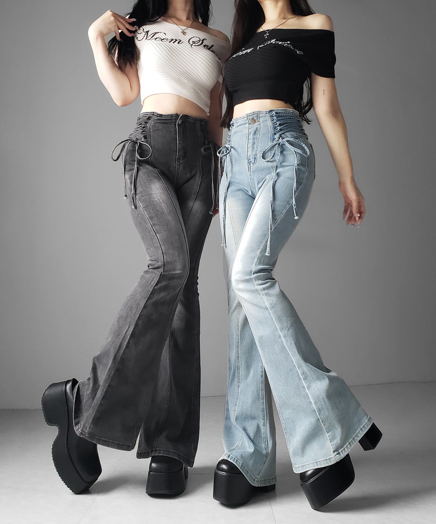 サイドレースアップリボン美脚ストレッチフレアデニム / side laceup ribbon slim leg stretch flare denim