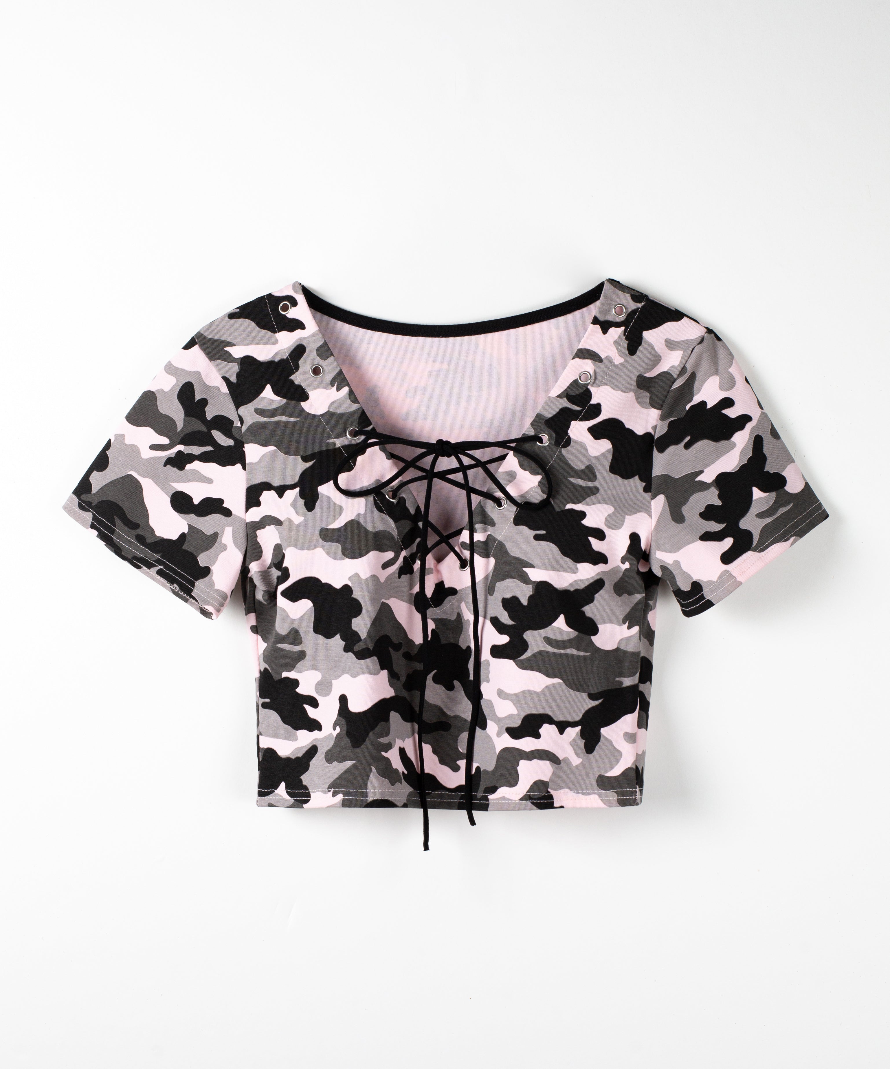 ヴィンテージカモフラレースアップショートTシャツ / Vintage camouflage lace-up short T-shirt