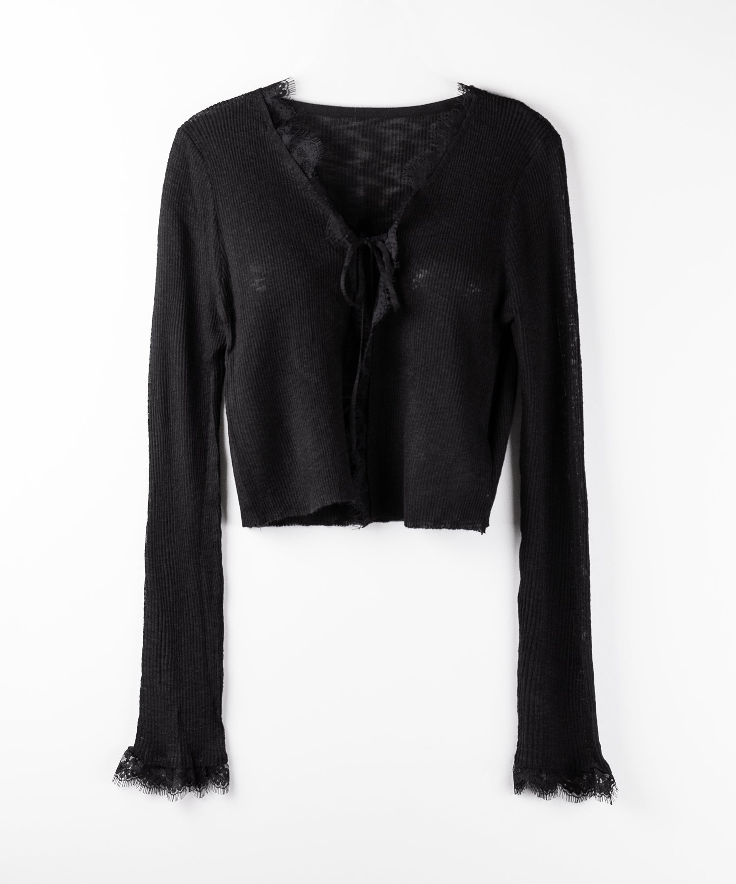レースドッキングフロントリボンシアーニットカーディガン / lace docking front ribbon sheer knit cardigan