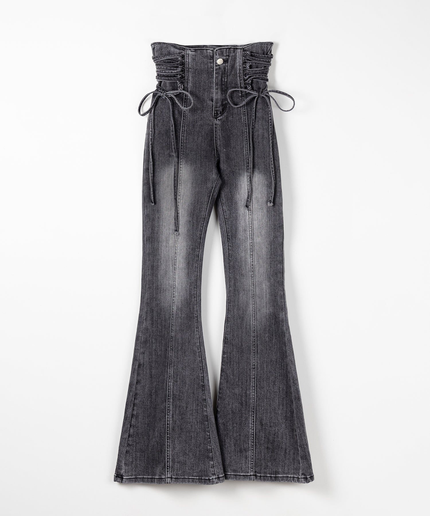 サイドレースアップリボン美脚ストレッチフレアデニム / side laceup ribbon slim leg stretch flare denim