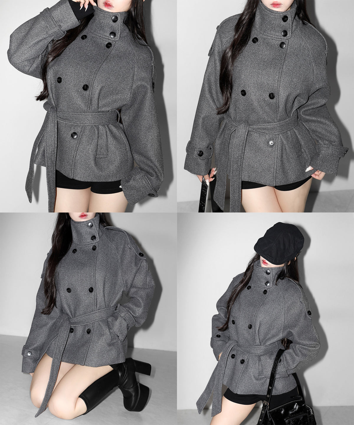 【 ウエストベルト付き 】スタンドネック ダブルブレスト ウールライクメルトンピーコート / Stand neck double-breasted wool-like melton pea coat
