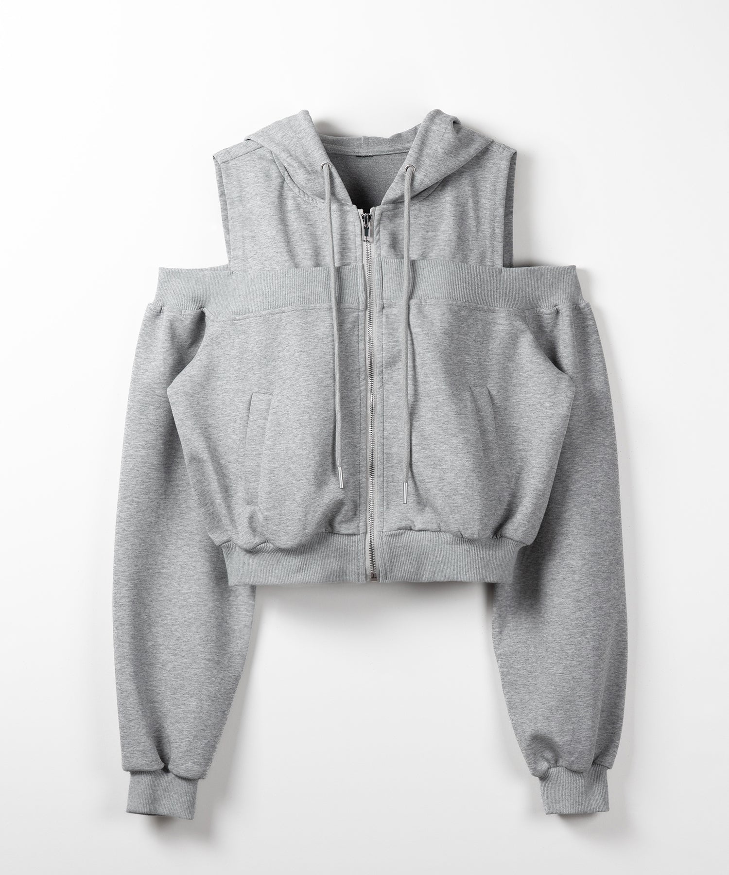 オープンショルダーカットアウトジップアップパーカー / open shoulder cut out zip up hoodie
