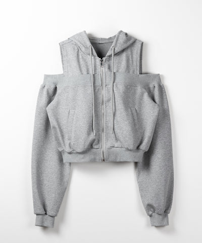 オープンショルダーカットアウトジップアップパーカー / open shoulder cut out zip up hoodie