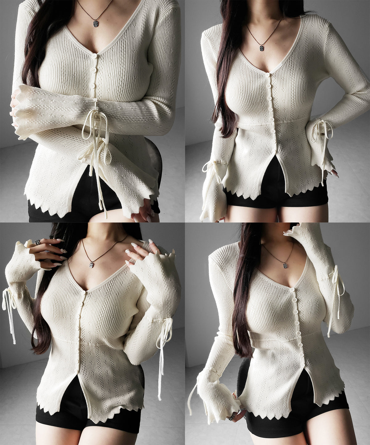 フレアリボンスリーブ透かし編みニットカーディガン / flare ribbon sleeve openwork knit cardigan