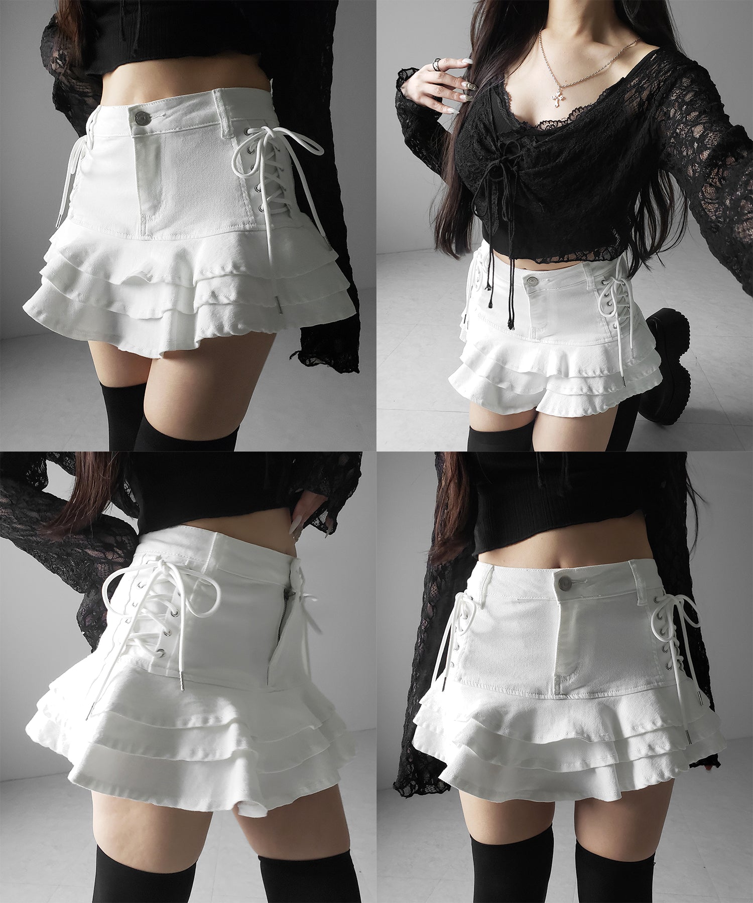 【 インパン裏地付 】レースアップブラックフリルミニスカート / laceup black frill mini skirt