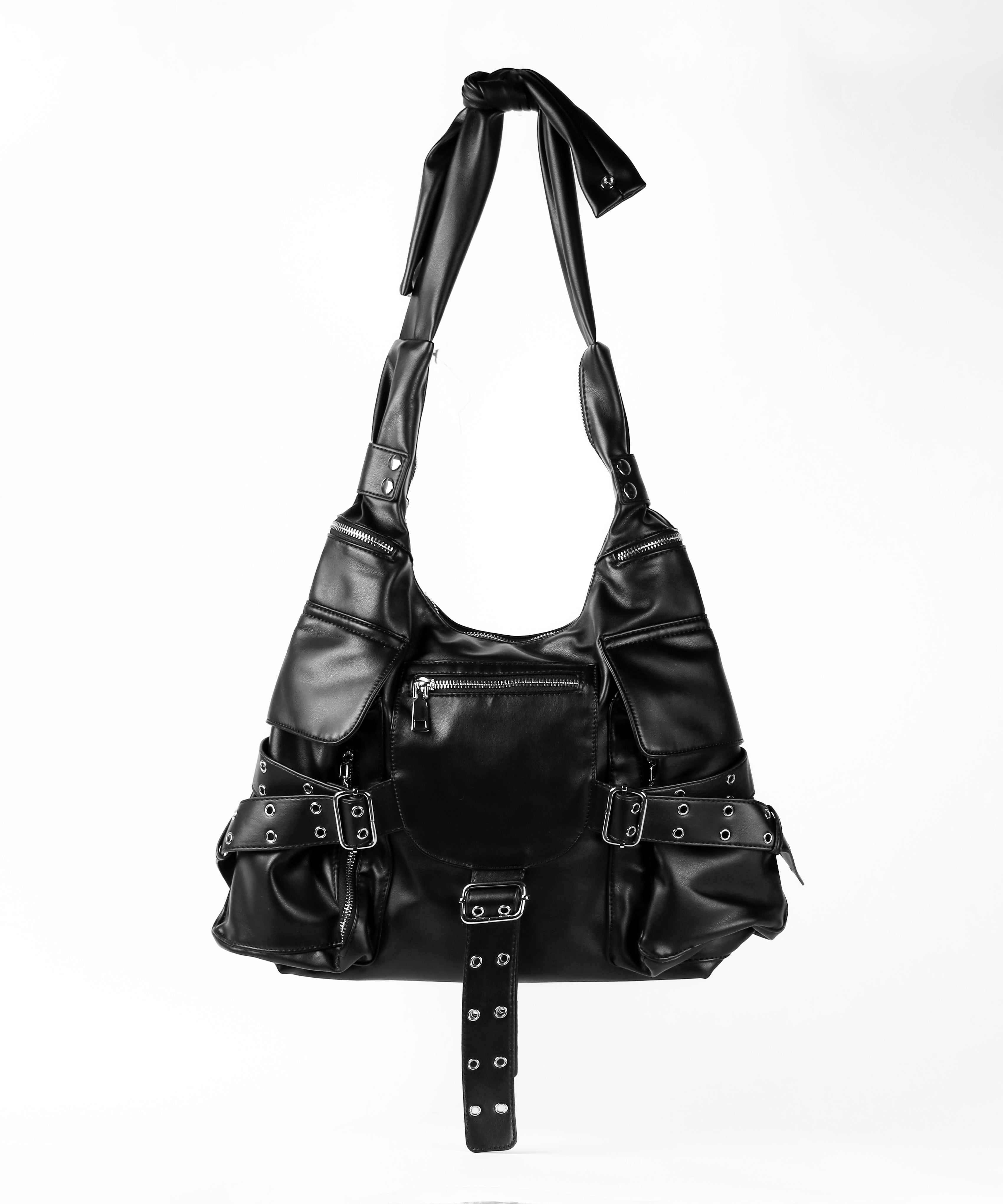 【 多ポケットで収納力抜群 】3連ベルテッド多ポケットフェイクレザーショルダーバッグ / Three belted multi pocket fake leather shoulder bag