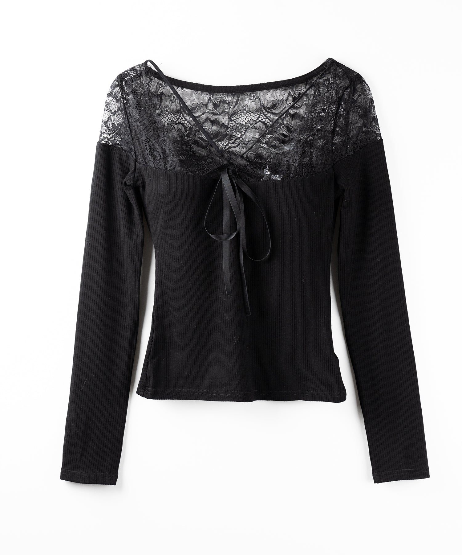 クロスストラップレース切替リブトップス / cross strap lace switching ribbed tops