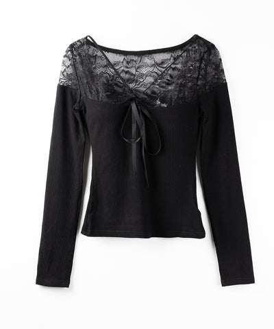 クロスストラップレース切替リブトップス / cross strap lace switching ribbed tops