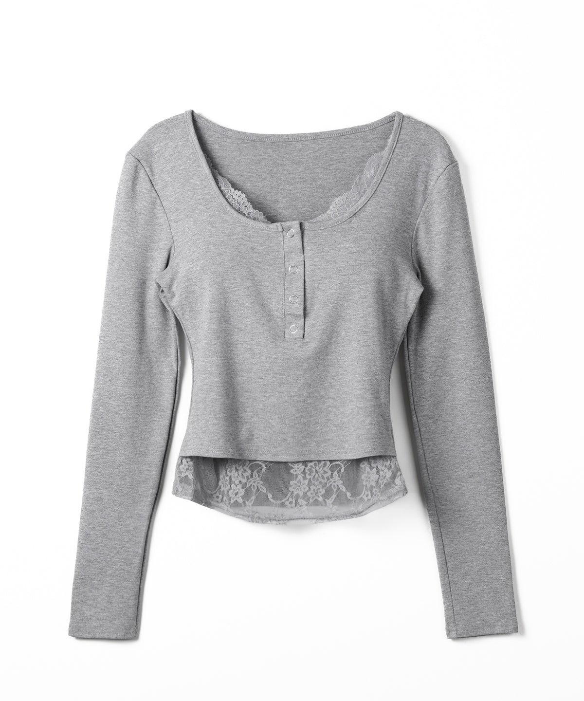 【 人気アイテムの長袖verが新登場! 】レースレイヤードヘンリーネックスクエア長袖Tシャツ / lace layered henley neck square long sleeve T-shirt
