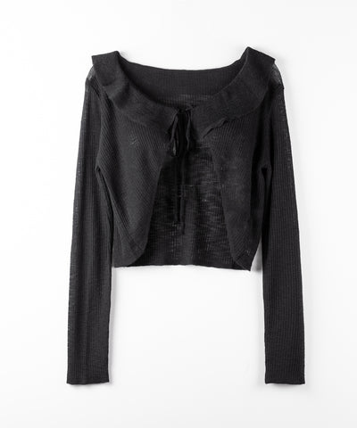 【 2color 】襟付きフロントリボンシアーニットショートカーディガン / collar front ribbon sheer knit short cardigan