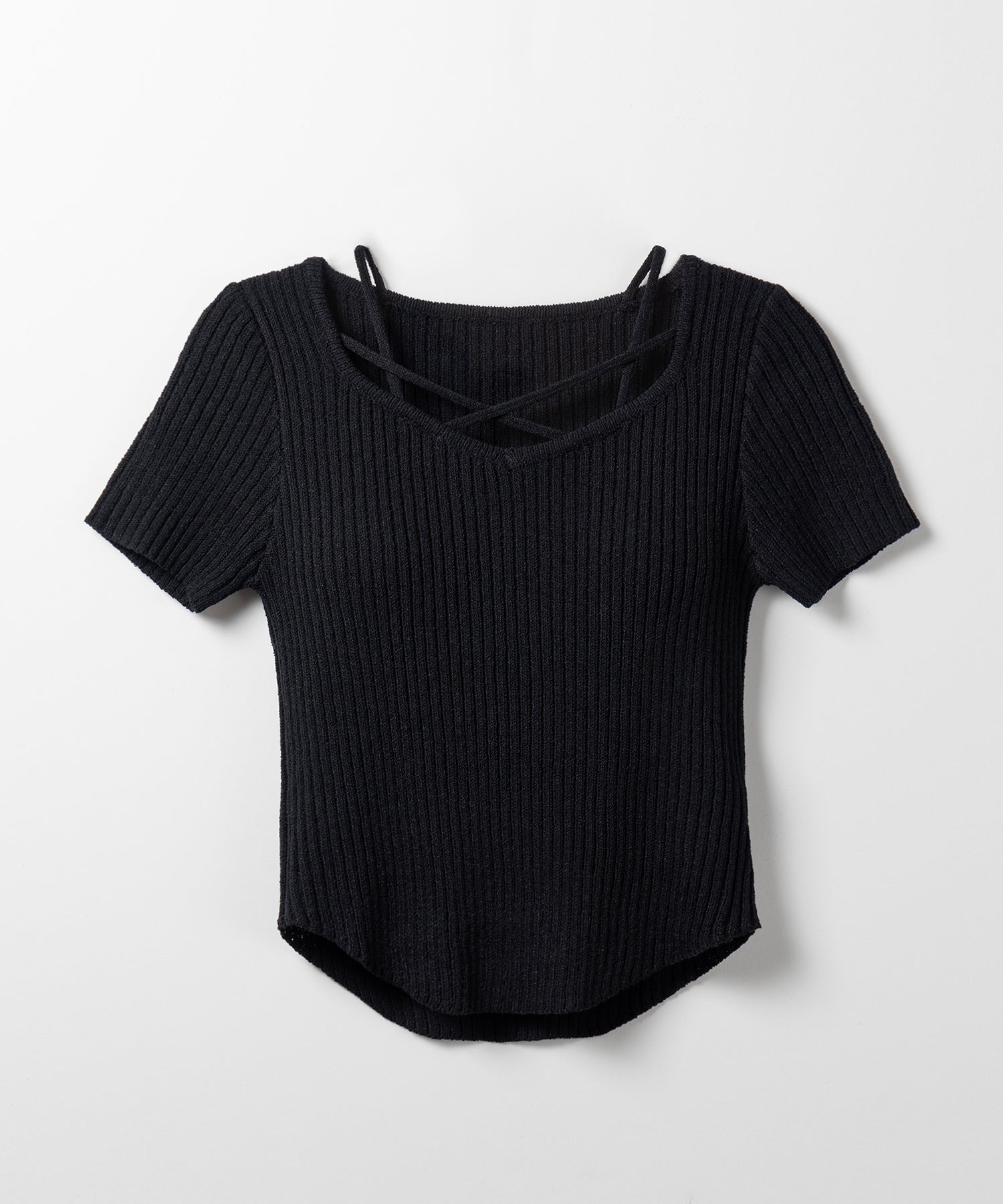 半袖クロスラインストラップデザインリブニット