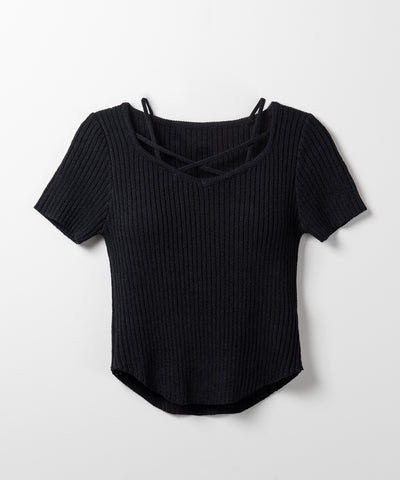 半袖クロスラインストラップデザインリブニット