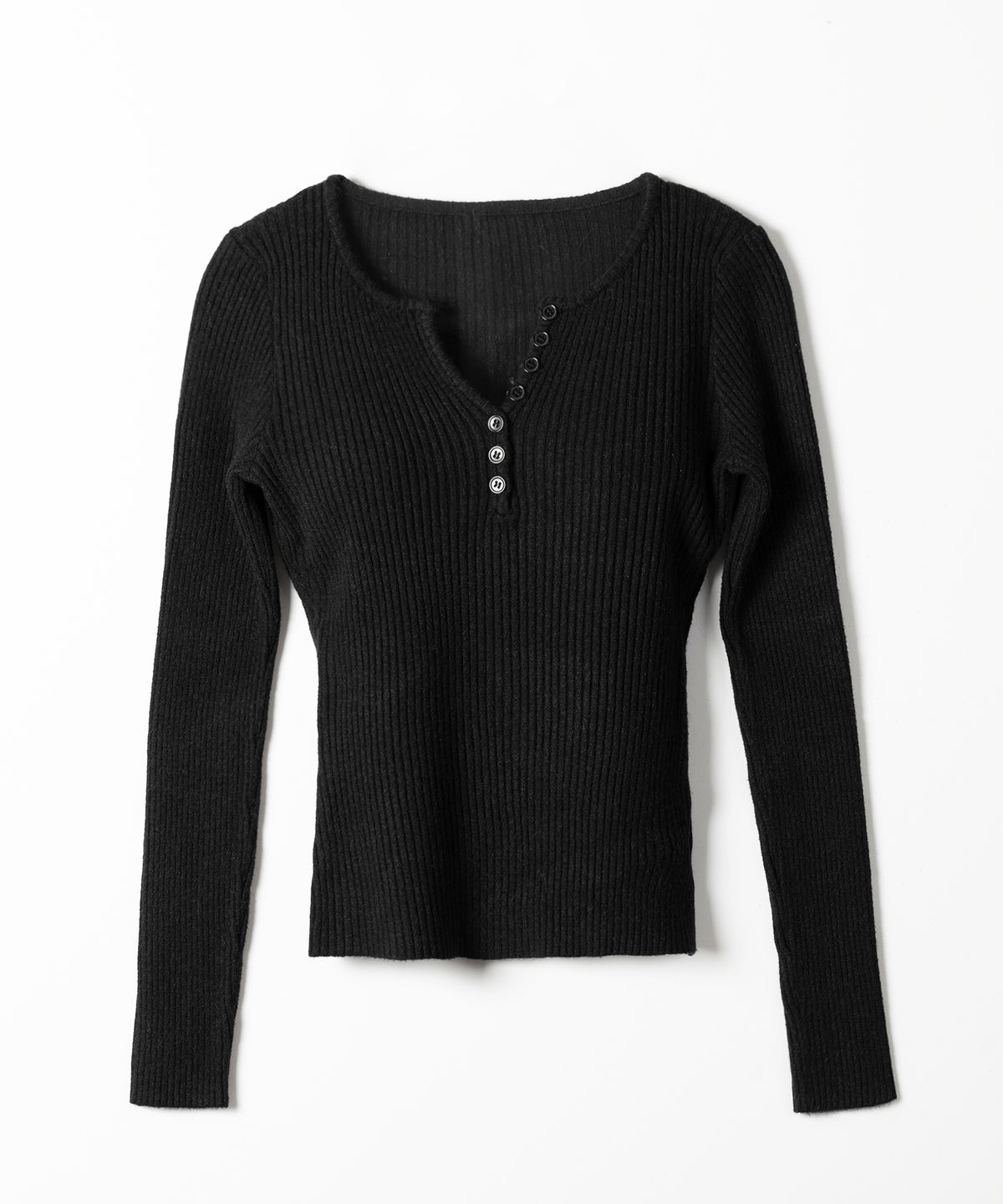 フロントボタンヘンリーネックスリムリブニット / Front button henley neck slim rib knit
