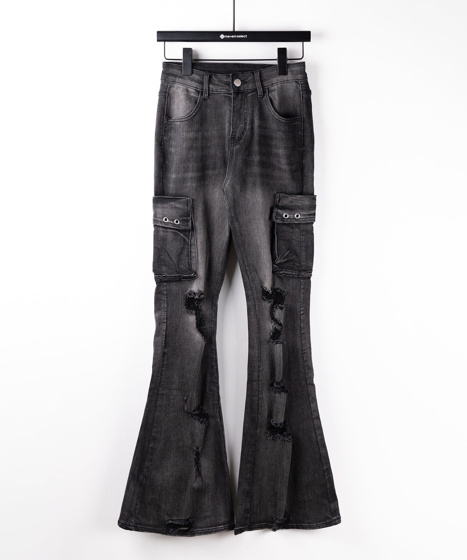 【 2color / 4size 】カーゴデザインヴィンテージライクダメージストレッチフレアデニム / cargo design vintage-like damage stretch flare denim