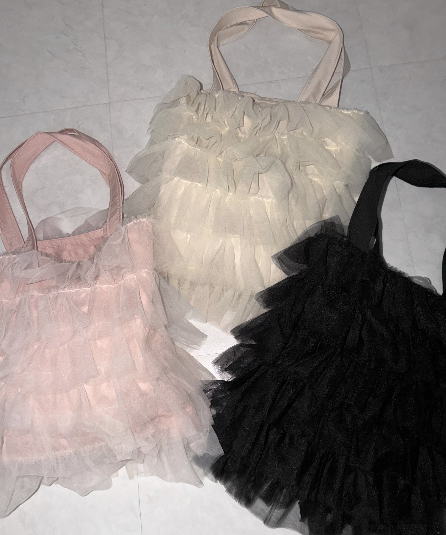 【 3color / A4収納可 】チュールフリルスクエアトートバッグ / tulle frill square tote bag
