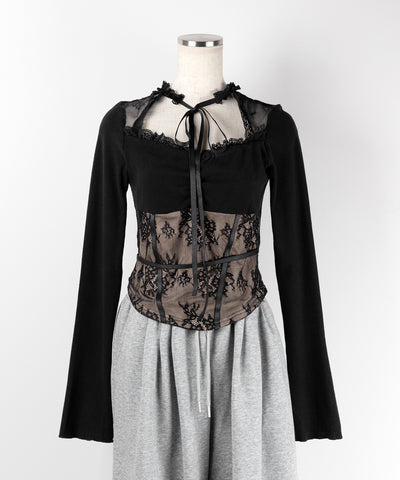 チョーカーネックリボンレーシーカットソートップス / choker neck ribbon lacy cutsaw tops