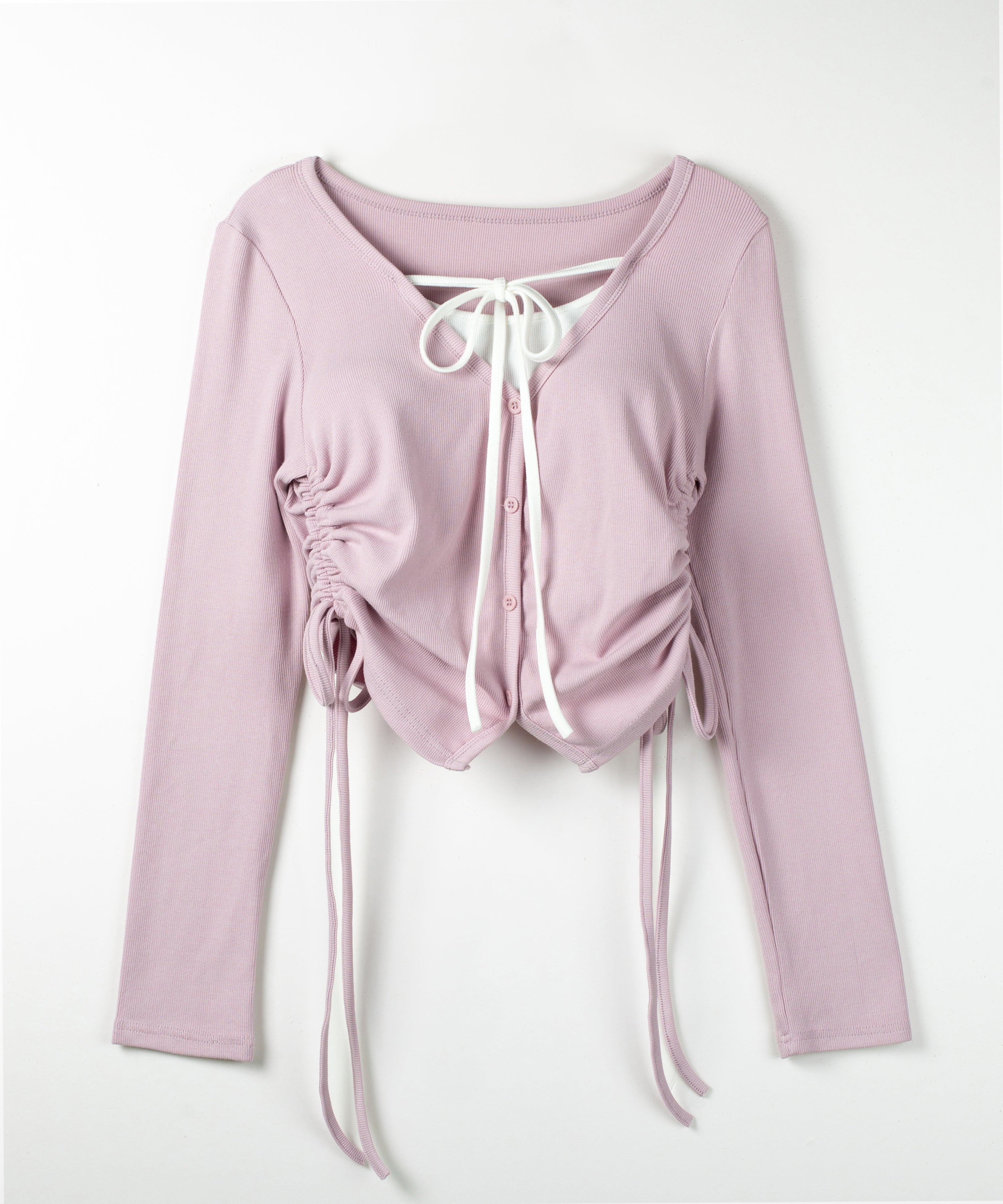 【 3WAY 】レイヤード風シャーリングリボンリブトップス / fake layered shirring ribbon lib tops