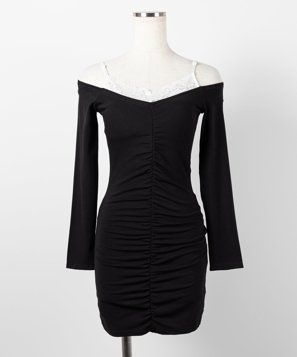レースオフショルダーシャーリングタイトミニワンピース / Lace off-shoulder shirring tight mini onepiece