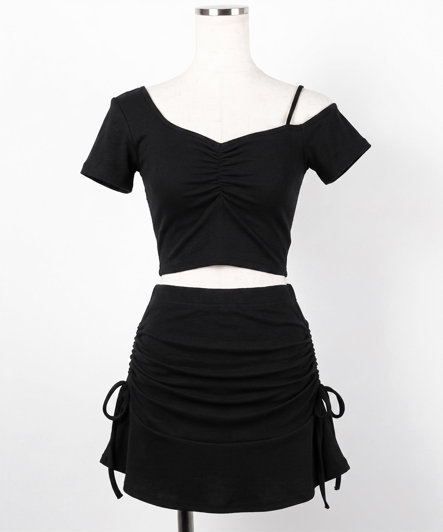 ワンショルギャザートップス + シャーリングリボンスカート SETUP / ( SETUP ) one shoulder gather tops + shirring ribbon skirt SET