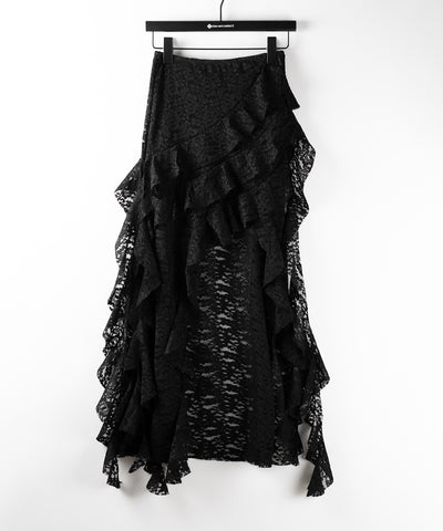 【 裏地付 】アシンメトリーフリルレーススリットロングスカート / asymmetry frill lace slit long skirt