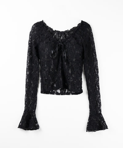 【2WAY 】フロントリボンオフショルスリムレーストップス / front ribbon off-shoulder slim lace tops