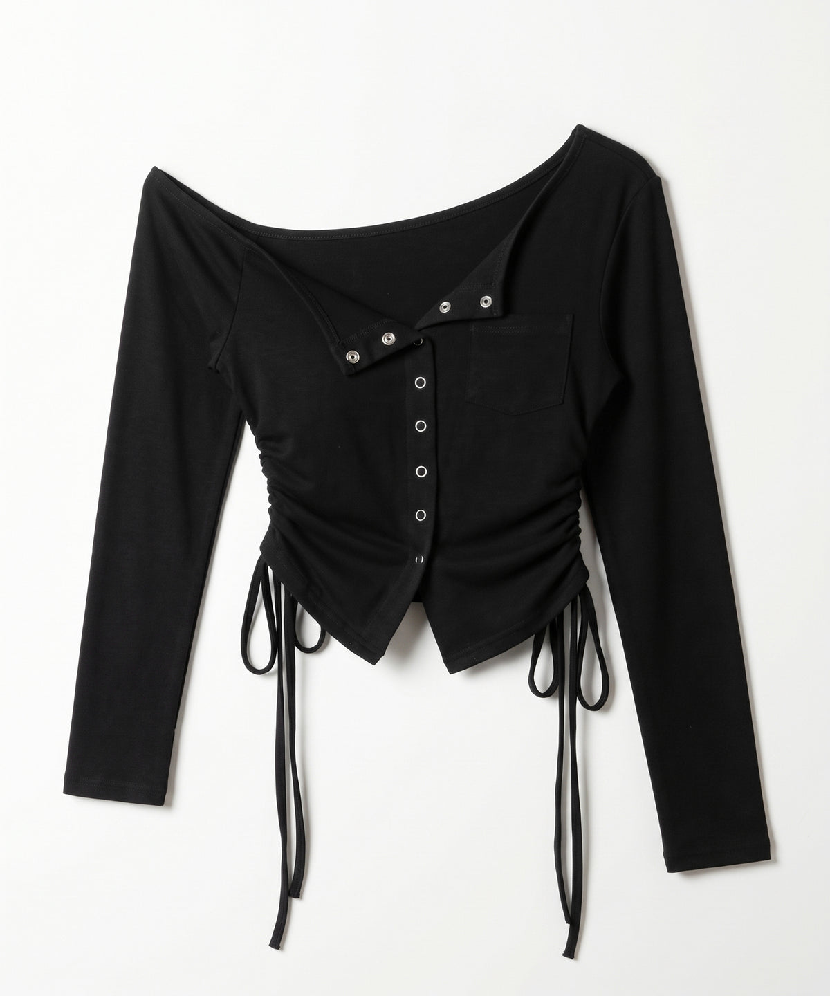 スナップボタンサイドシャーリング長袖ワンショルトップス / Snap button side shirring long-sleeved one-shoulder tops