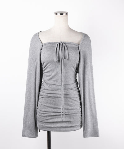 【 2点セット 】シャーリングタイトミニワンピ &フロントリボンショートカーディガン ワンホンセットアップ / shirring tight mini onepiece & front ribbon short cardigan wanghong setup