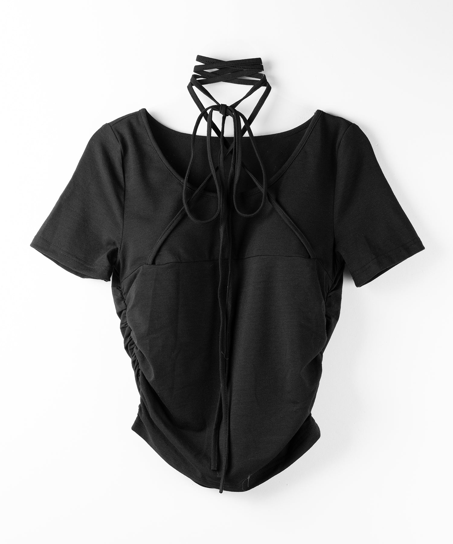 クロスストラップロングチョーカー半袖リボントップス / cross strap long choker short sleeve ribbon tops