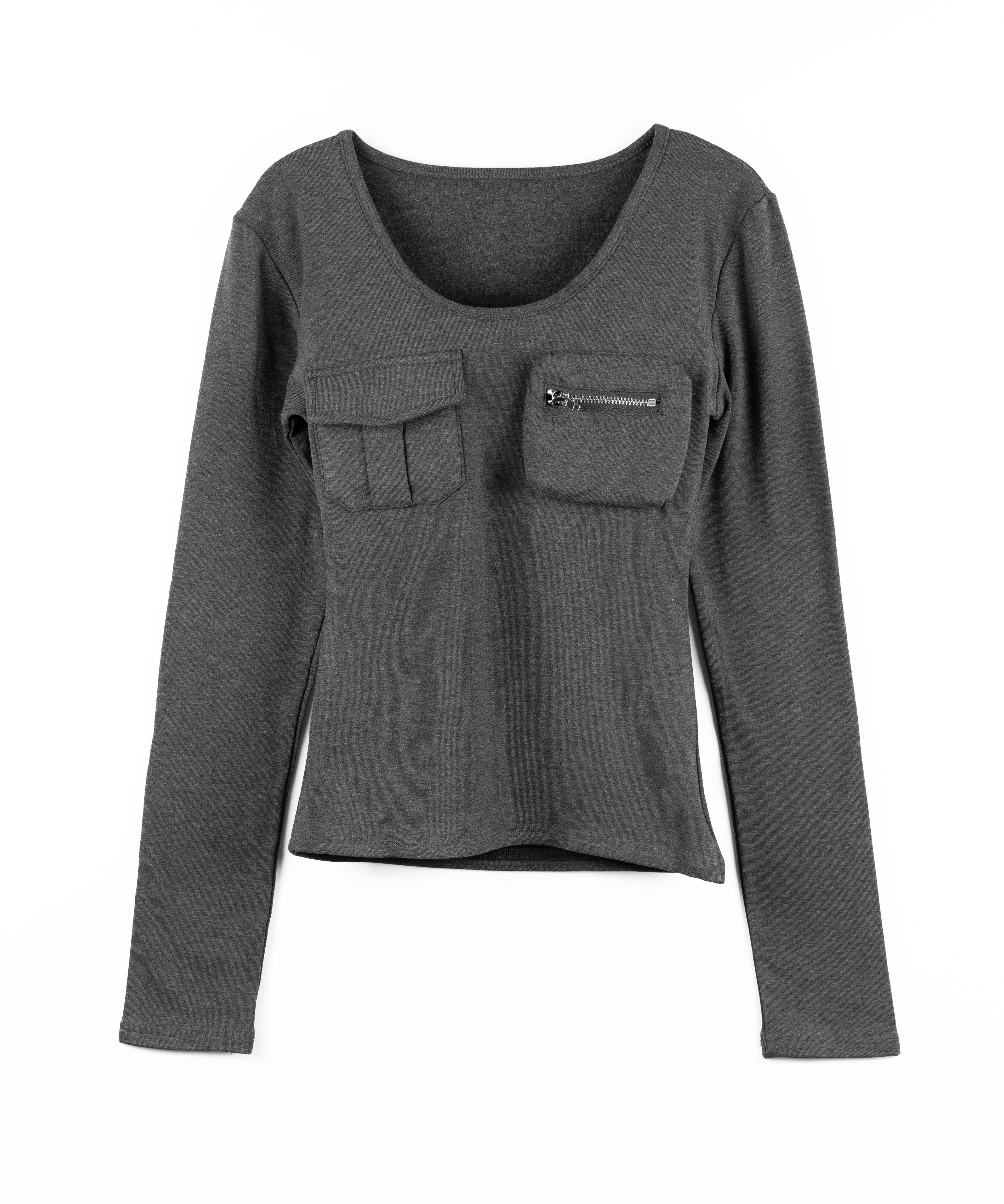 【 裏起毛 】アウトポケットオープンネックスリムトップス / out pocket open neck slim tops