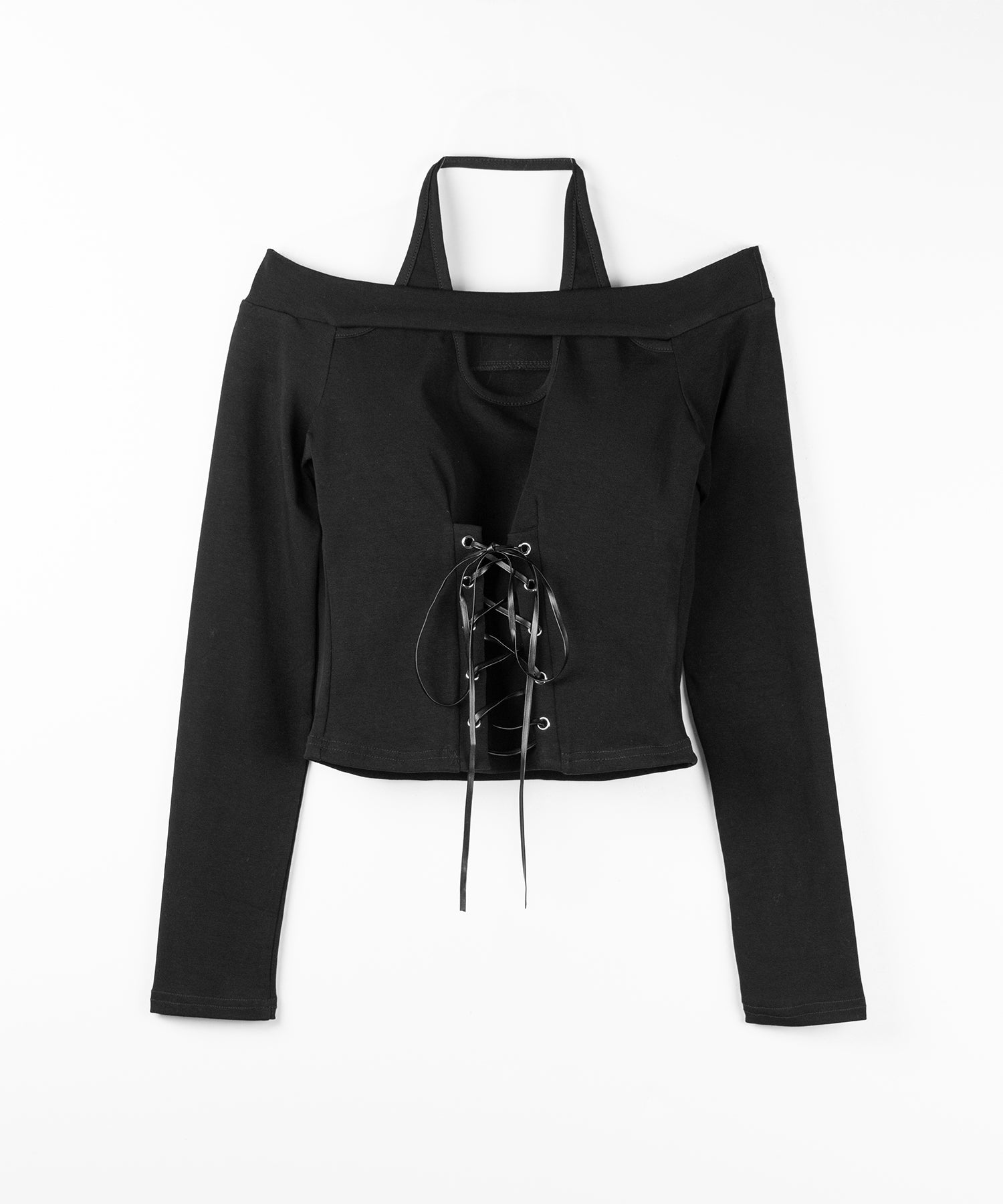 レースアップカットアウトホルターオフショルトップス / laceup cutout halter offshoulder tops