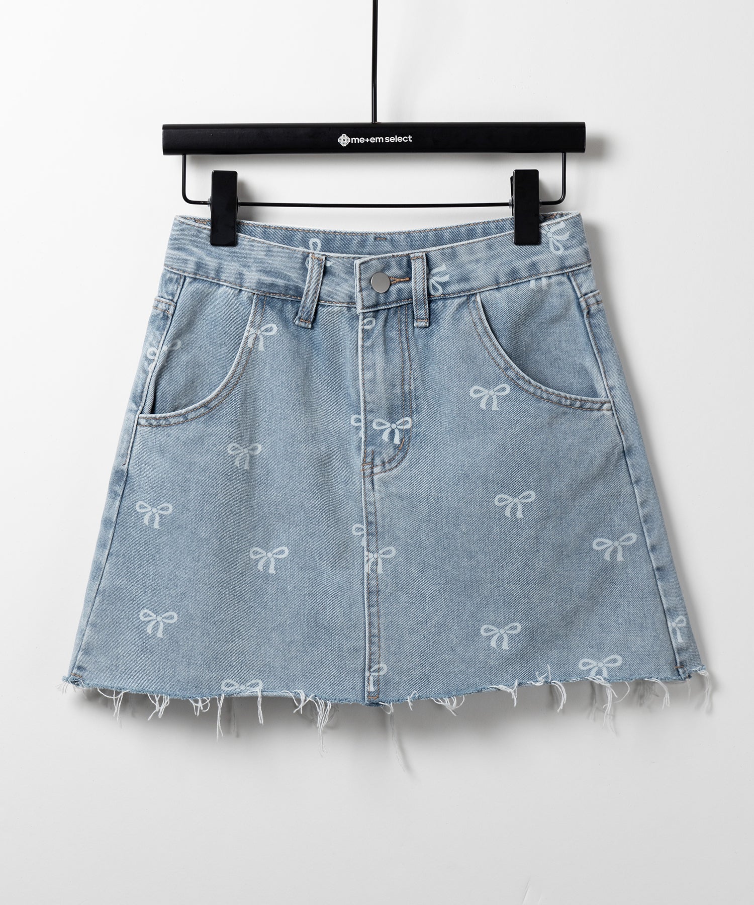 【 インパン裏地付き 】リボンプリントダメージデニムミニスカート / ribbon print damage denim mini skirt