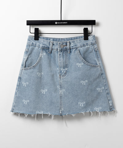 【 インパン裏地付き 】リボンプリントダメージデニムミニスカート / ribbon print damage denim mini skirt