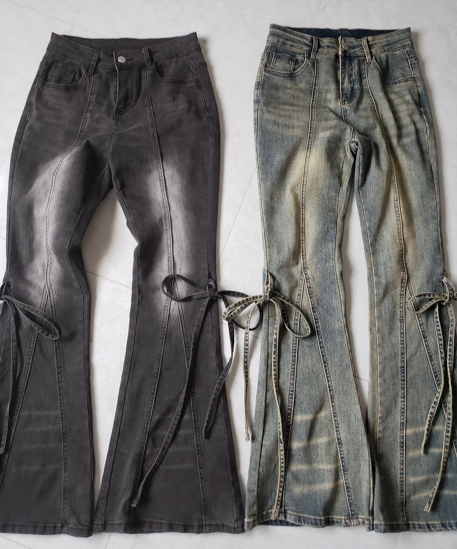 【 2color / 4size 】ストラップリボンヴィンテージストレッチフレアデニム / strap ribbon vintage stretch flare denim