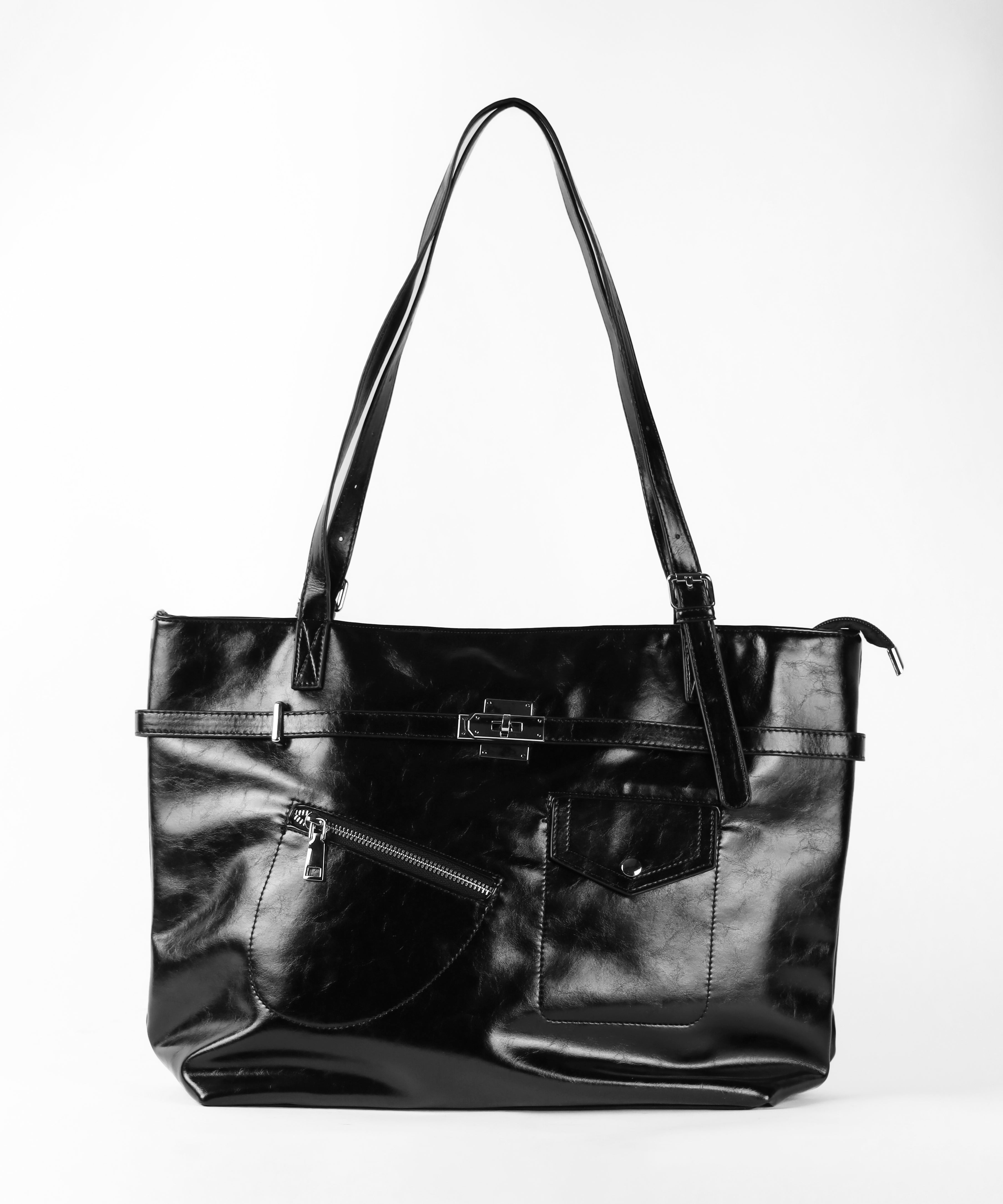 【 A4収納可 】デザインベルトフェイクレザースクエアトートバッグ / design belt fake leather square tote bag
