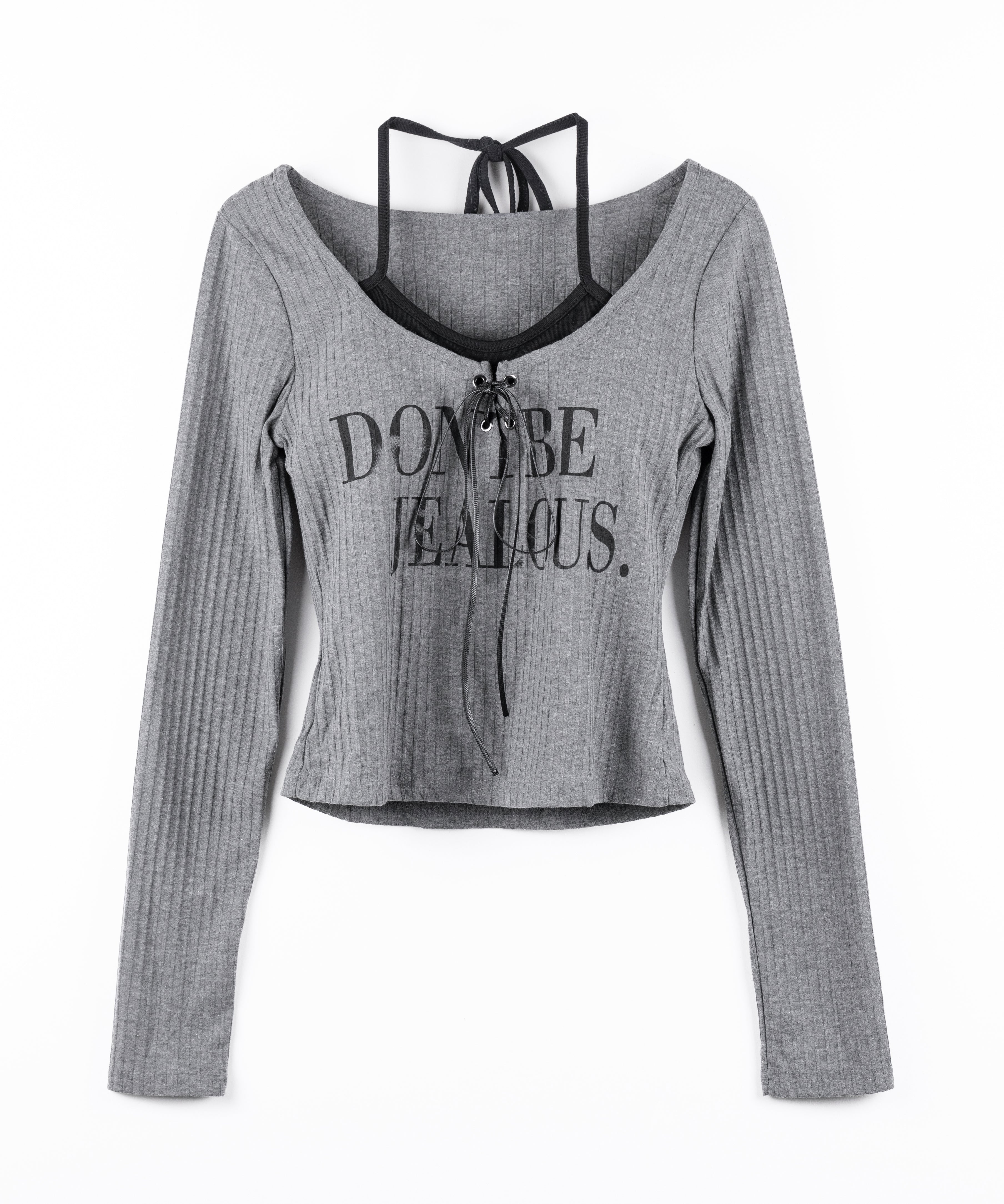 【 クロスネックにできる2WAY 】レースアップフェイクレイヤードロゴカットソートップス / laceup fake layered logo cutsew tops