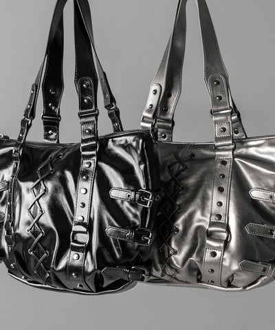 【 ショルダーストラップ付き2WAY 】レースアップベルテッドスタッズデザインヴィンテージショルダーバッグ / ( 2WAY ) laceup belted studs design vintage shoulder bag