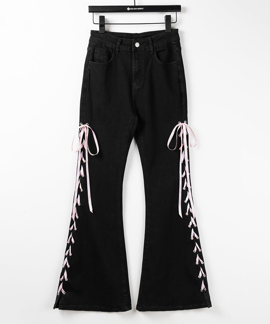 サテンリボンレースアップカットアウトストレッチフレアデニム / satin ribbon laceup cutout stretch flare denim