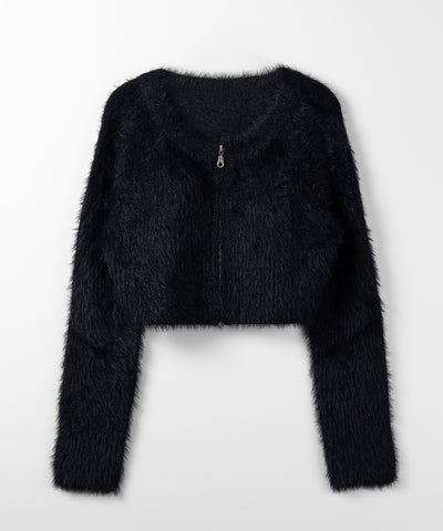 フロントジップショートシャギーニットカーディガン / front zip short shaggy knit cardigan