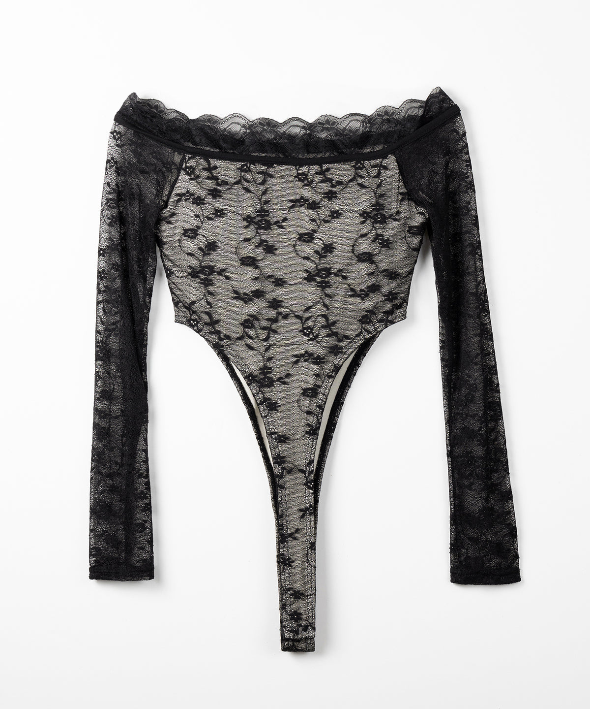 【 2color 】フラワーレースレイヤードオフショルボディスーツトップス /Flower lace layered off shoulder bodysuit tops