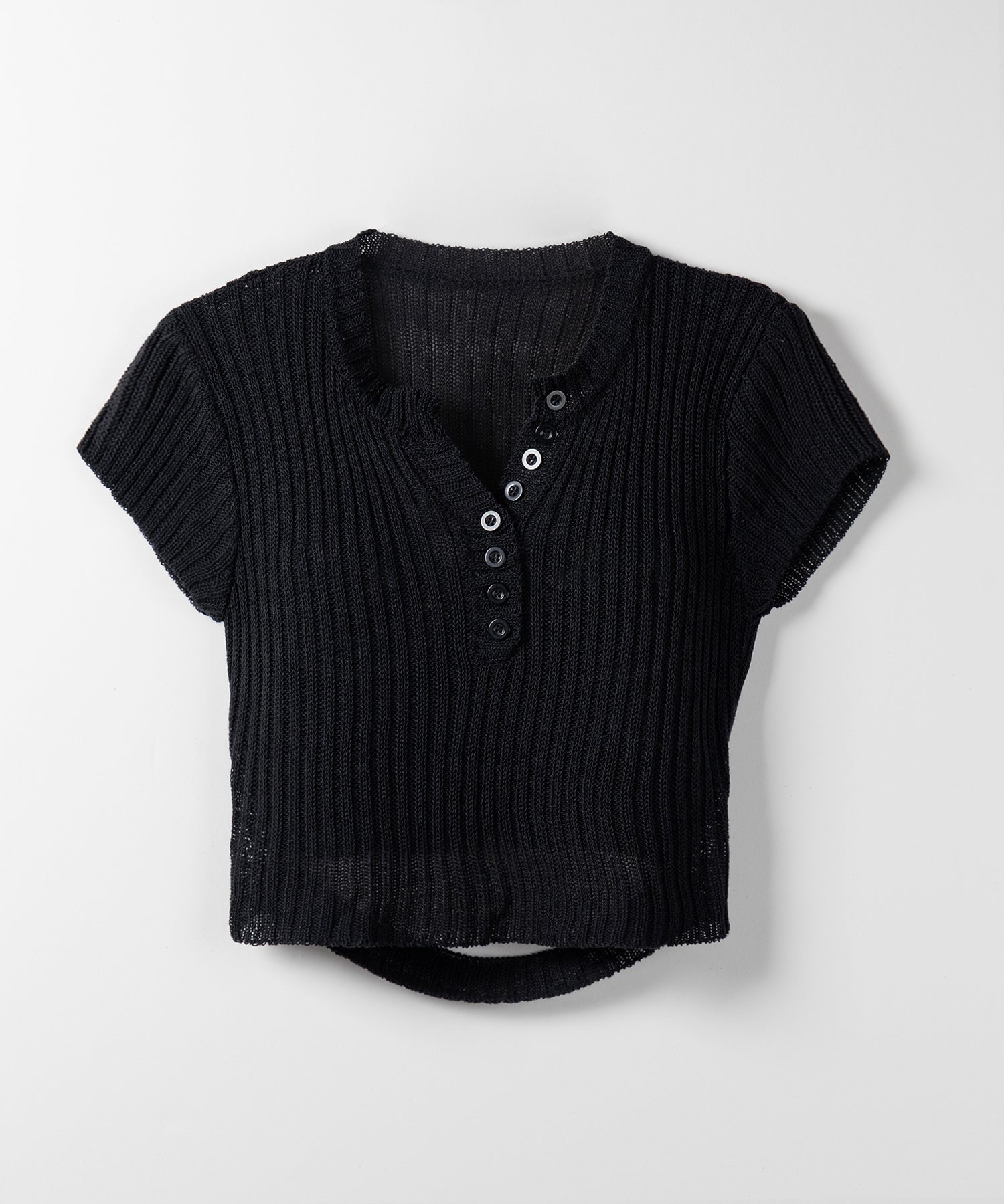 キーネックショートサマーリブニットトップス / Key neck short summer rib knit tops